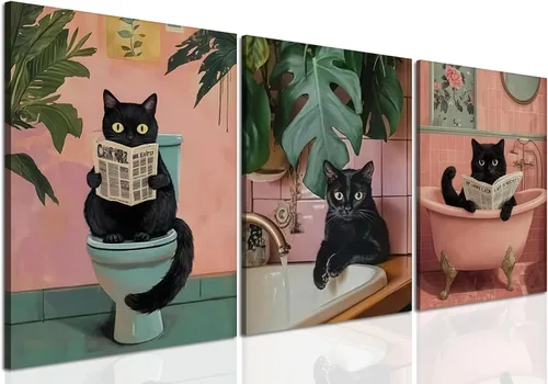 Miniatura 14 de Conjunto de 3 divertidos cuadros de animales para baño, lindas pinturas de jirafa leyendo el periódico, arte en lienzo de batas botánicas eclécticas