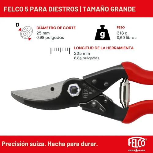 Miniatura 3 de Felco Tijeras de podar F5 – Cortadoras de jardín grandes de acero de 8.9 pulgadas fabricadas en Suiza, podadoras de mano para jardín y paisaje