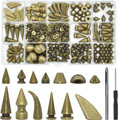 150 juegos de clavos y tachuelas punk, 13 formas de clavos de cono de cuero, remaches góticos con tornillos traseros con herramientas de instalación