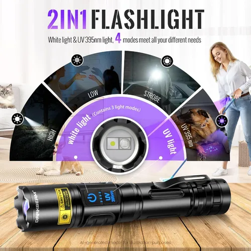 Miniatura 2 de DARKBEAM Linterna UV 365nm y 395nm Luz Negra Dual, Linterna Ultravioleta LED Recargable por USB con Luz Negra, Lámpara Woods Enfocable Potente