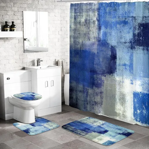 MitoVilla Juego de 4 piezas de baño azul marino con cortina de ducha y alfombras, juegos de cortinas de ducha azul oscuro con alfombras para