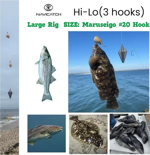 Miniatura 7 de Bagre, Scup (Porgy) y equipo de lubina – Kit de pesca de 3 ganchos Hi-Lo Bottom – Anzuelos japoneses atados a mano con línea PE – Agua salada y agua