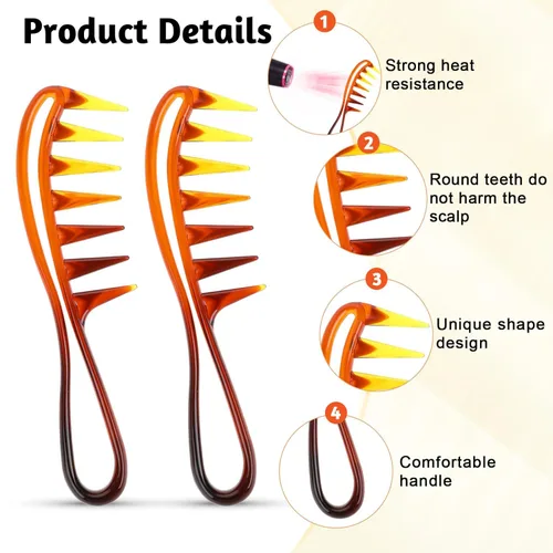 Miniatura 2 de Peine de dientes anchos para rizos, 2 peines de dientes grandes, peines de dientes de tiburón, peine de pelo de plástico duradero, peine de Ámbar