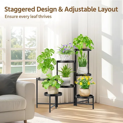 Miniatura 8 de LASZOLA Soporte plegable para plantas de interior de 7 niveles para múltiples macetas grandes, estante ajustable alto y resistente con bandeja de 10