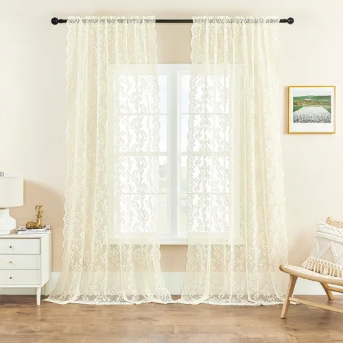 Miniatura 21 de Cortinas de encaje transparentes FOLKSIDE de 72 pulgadas de largo, juego de 2 cortinas florales victorianas de paisley para sala de estar, recámara