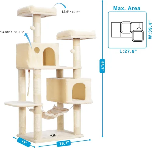 Miniatura 3 de Hey-brother - Mueble grande de casita de gato multinivel con postes rascadores cubiertos de sisal, 2 condominios de felpa más grandes, hamaca Beige