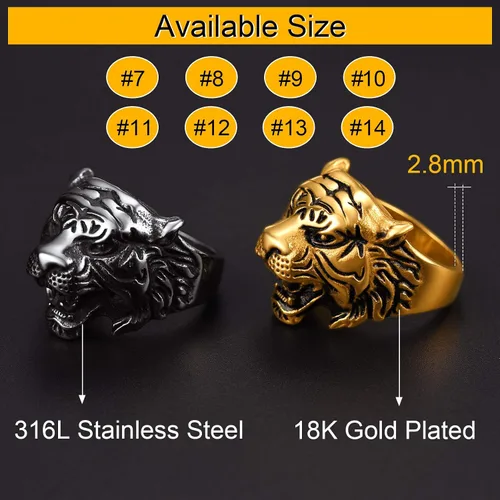 Miniatura 2 de ChainsPro - Impresionantes anillos de cabeza de tigre para hombre, espíritu animal, bonita mano de obra, tallas 7 a 14, de acero inoxidable 316L
