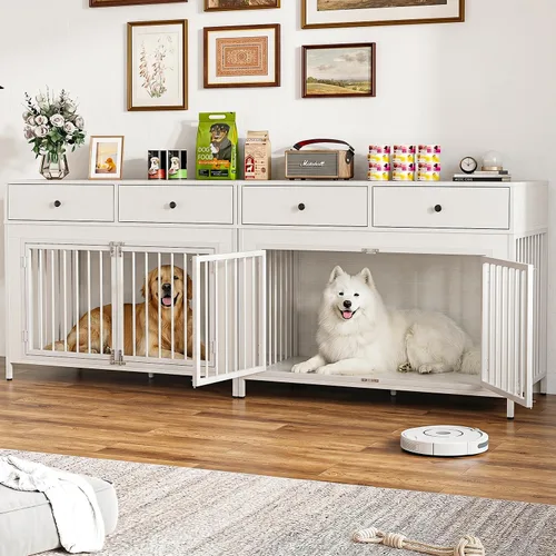 Miniatura 10 de LEMBERI Mueble de jaula para perros grande de 44 pulgadas, mesa auxiliar de madera para perros con cajones de almacenamiento, jaula decorativa
