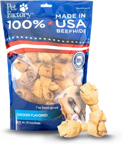 Pet Factory Golosinas masticables para perros, 100% fabricadas en Estados Unidos, huesos anudados de 4 pulgadas, sabor a pollo, 18 unidades/1 paquete