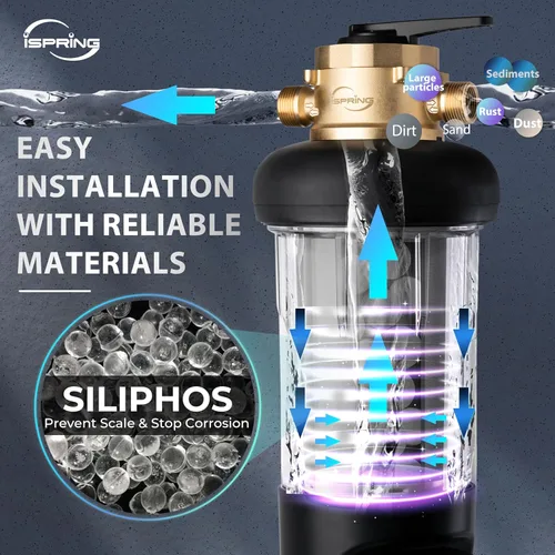 Miniatura 8 de iSpring WSP50SL-ARJ-BP, certificado NSF, filtro de agua de sedimentos giratorios para toda la casa, 4 modos de derivación, incluye Siliphos que