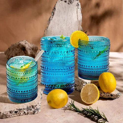 Miniatura 4 de Vasos altos vintage azules con reborde y pajitas, juego de 12 vasos de vidrio para cócteles, whisky, cerveza y jugo (15 onzas y 12 onzas)