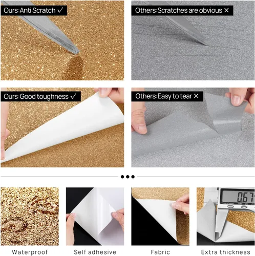 Miniatura 4 de FunStick Papel tapiz dorado champán con purpurina para despegar y pegar, papel de contacto con purpurina dorada brillante para armarios, papel tapiz