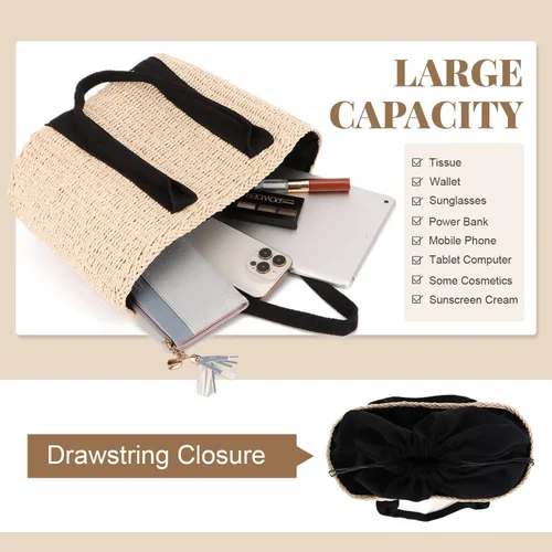 Miniatura 3 de Ynport Bolso grande de paja para mujer, asas de playa de verano, tejido a mano, bolso de hombro Hobo para viajes de compras
