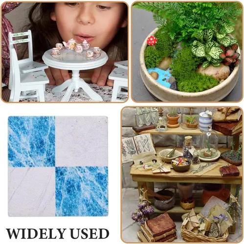 Miniatura 6 de Kisangel Suelo en miniatura, 27 piezas de azulejos de casa de muñecas de 1.18 pulgadas, hojas de mosaico azul y blanco para decoración de mini casa