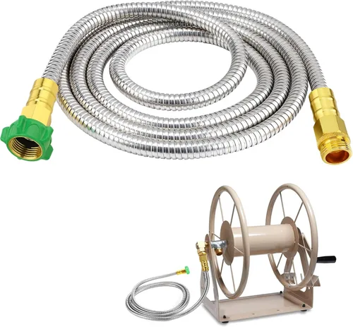 Miniatura 9 de Manguera de jardín corta con conector macho a hembra, manguera líder de metal a prueba de fugas de 2 pies para carrete, tubo de agua flexible