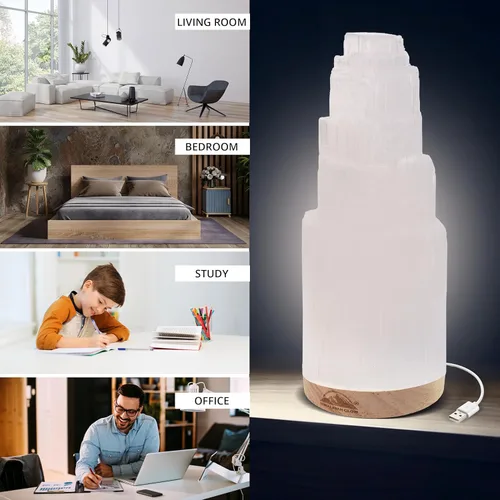 Miniatura 8 de Himalayan Glow Lámpara de cristal selenita de 7.9 in, estación de carga marroquí curvada a mano, cristales y piedras curativas, cable eléctrico