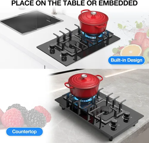 Miniatura 8 de Estufa de Gas de 2 Quemadores Tope de Cocina de Propano, Tope de Cocina de Gas de Vidrio Templado de 12 Pulgadas Quemador de Gas de Acero Inoxidable