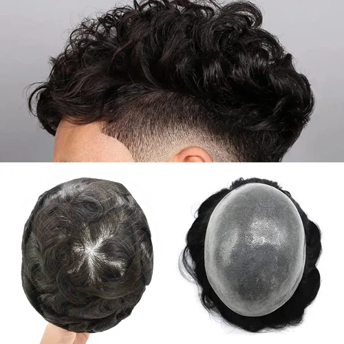 Miniatura 44 de Toupee para hombres Sistema de reemplazo de cabello humano real duradero invisible para hombre Toupee Hair Piece para hombres Poly Men Sistema