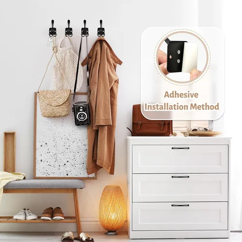 Miniatura 4 de VIS'V Ganchos para colgar abrigos de pared, ganchos de metal autoadhesivos de 3 puntas para puerta de entrada, 2 opciones de montaje, negro, 4