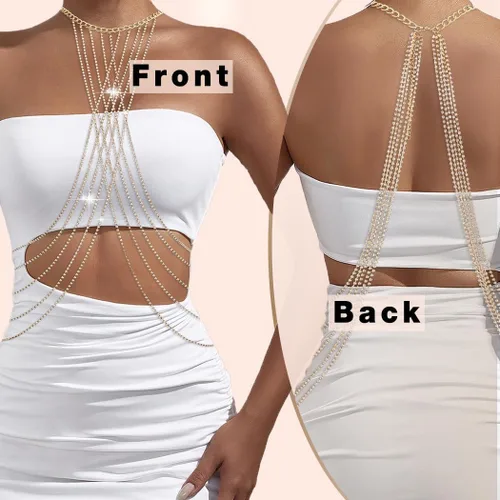 Miniatura 3 de Bounzhi Arnés de cadena corporal con diamantes de imitación, cruzado, sexy, joyería para el cuerpo, collar de cadena de bikini para mujeres y niñas