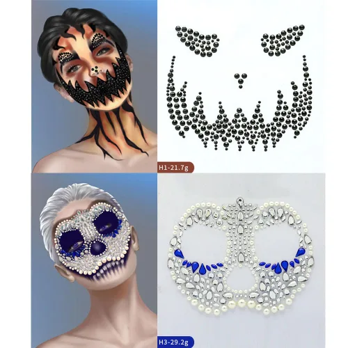 Miniatura 4 de 4 juegos de joyas de cara de Halloween con purpurina y esqueleto de azúcar, gemas para festivales, cristales, tatuajes faciales, calcomanías, ojos