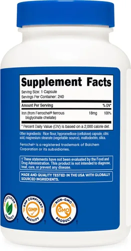 Miniatura 5 de Nutricost Hierro quelado (de Ferrochel) 18 mg, 240 cápsulas - Suplemento de quelato de hierro sin gluten y sin OMG
