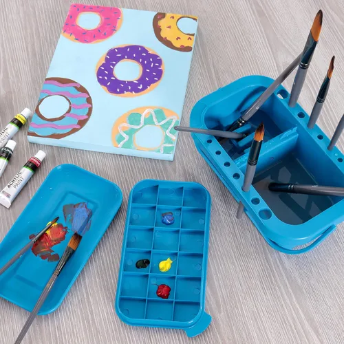 Miniatura 6 de U.S. Art Supply - Limpiador y soporte de pinceles de plástico de 16 orificios con tapa que sirve de paleta para pinturas acrílicas, acuarela y al