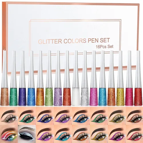 Juego de delineador de ojos con purpurina líquida, 16 colores de alta pigmentación, kit de delineador de ojos iluminado, de larga duración,