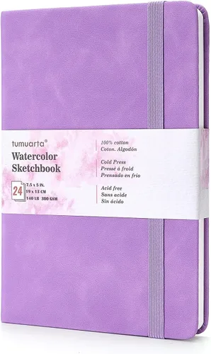tumuarta Cuaderno de bocetos de acuarela 100% algodón, prensa en frío, 7.5 x 5 pulgadas, 140 libras, 300 GSM, sin ácidos, 24 hojas, 48 páginas,