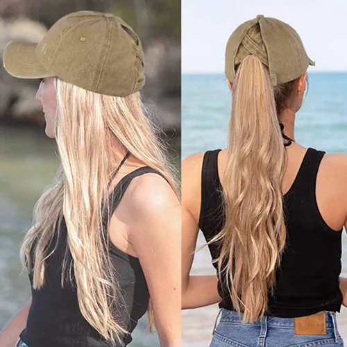 Miniatura 7 de Muryobao Gorra de béisbol ajustable de algodón desgastado para mujer, diseño de cola de caballo y moño desordenado