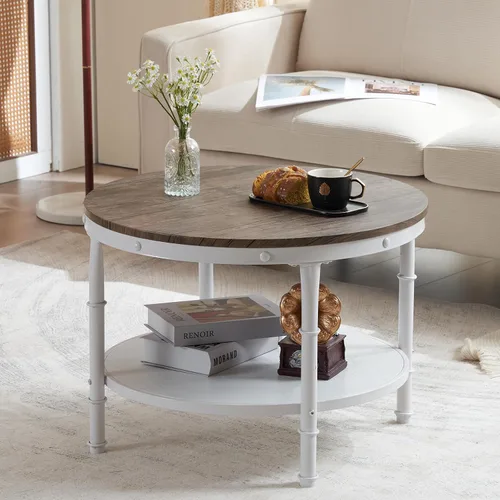 Miniatura 5 de VINGLI - Mesa de café de granja redonda de nogal oscuro y blanco de 25.6", mesa de centro con 2 estantes de almacenamiento para sala de estar