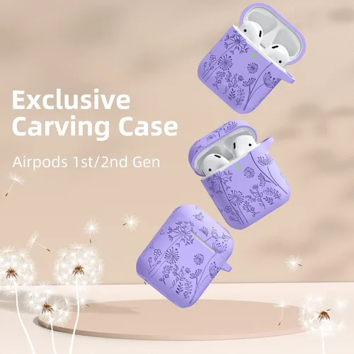 Miniatura 2 de Lerobo Funda con grabado de flores para AirPods, elegante protector de silicona suave con llavero, compatible con Apple AirPods de 1ª/2ª