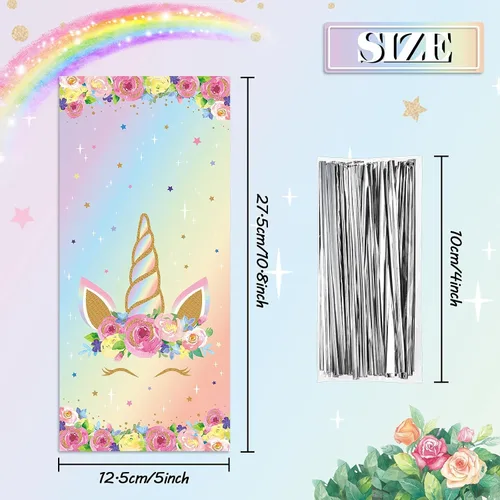 Miniatura 2 de Zonon 100 bolsas de regalo de unicornios, bolsas de regalo de unicornio, celofán, rosa, arcoíris, dorado, con 100 lazos plateados, recuerdos