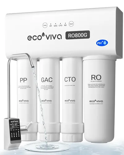 Ecoviva Sistema de ósmosis inversa para debajo del fregadero 800GPD, diseño alemán con NSF/ANSI 58 61 372 sin tanque 3:1 puro para drenar 9 etapas,