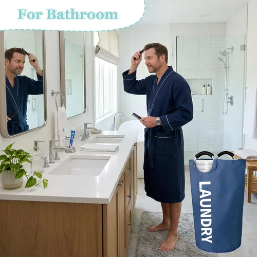 Miniatura 3 de WOOHA Cesta de lavandería grande de 95 L, cesta plegable para ropa, cestas altas de tela plegables para dormitorio, armario, baño, universidad, Azul