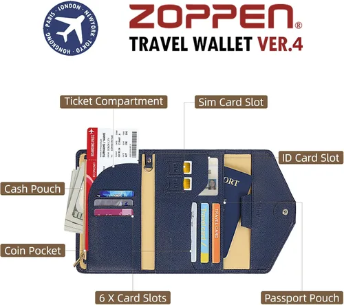 Miniatura 125 de Zoppen - Billetera de viaje con bloqueo RFID multiusos (Ver.4) Portatarjetas de pasaporte y vacunas, organizador de documentos de tres pliegues