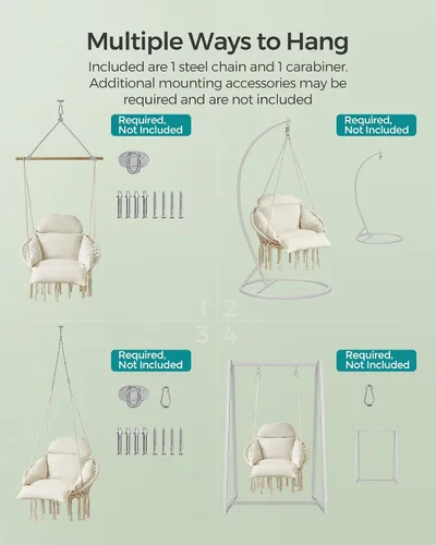 Miniatura 4 de SONGMICS UGDC042M01 - Silla colgante, hamaca con cojín grande y grueso, silla columpio bohemia para dormitorio, patio, balcón, jardín, soporta hasta