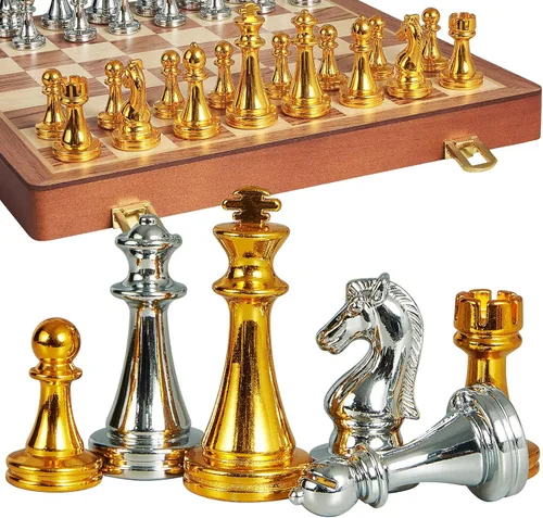 BIVOMON Juego de ajedrez de metal para adultos y niños, tablero de ajedrez de madera plegable de 12 pulgadas con piezas de ajedrez de metal, juego