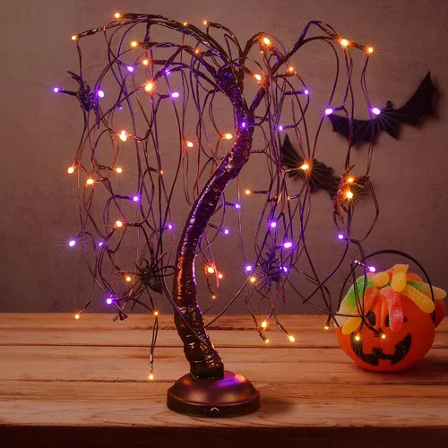 Miniatura 7 de Luz de bonsái de sauce iluminada de 24 pulgadas para Halloween, 80 luces LED naranjas, lámpara de mesa, árbol artificial, decoración de escritorio
