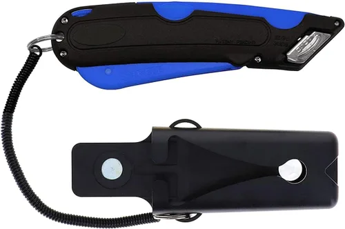 Veltec EZ-1000 Cortador de Cajas de Seguridad Cuchillo de Utilidad, Ajuste de Profundidad de 3 Cuchillas, Gatillo de Presión y Guía de Borde de Azul