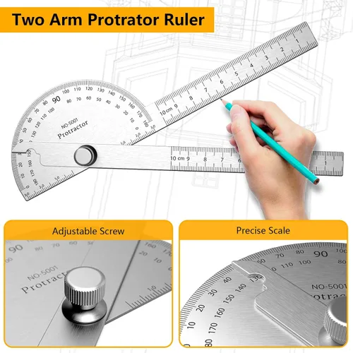 Miniatura 5 de Regla de transportador de acero inoxidable ForoGore de 180 grados con dos brazos, transportador de ángulo ajustable, regla para carpintería