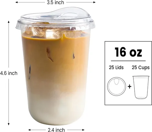 Miniatura 2 de Tazas de plástico transparentes con fondo redondo y tapas con orificio, 25 juegos, tazas de café helado desechables de 16 oz con tapas sin pajita