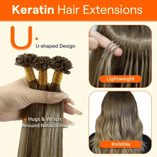 Miniatura 3 de Full Shine - Extensiones de cabello humano con punta en U, de 14 pulgadas, estilo balayage, color 3 con decoloración a rubio claro 8 y 22