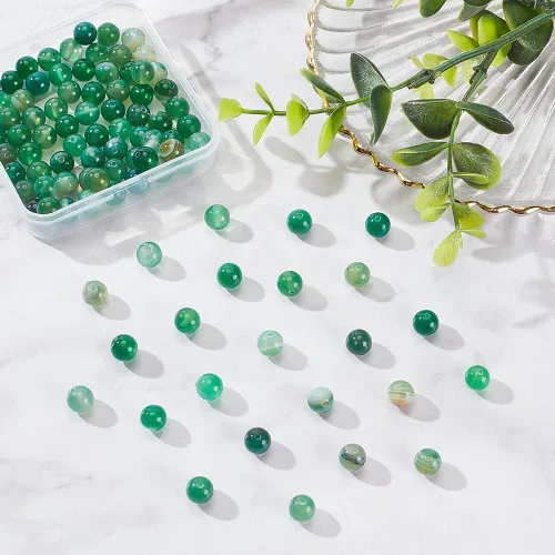 Miniatura 4 de OLYCRAFT Acerca de 94 cuentas de ágata natural de 0.315 pulgadas (0.315 in) teñidas de ágata verde a rayas verdes, cuentas redondas sueltas