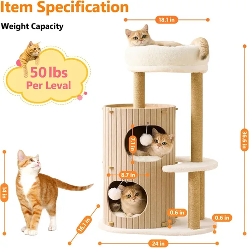 Miniatura 5 de Árbol moderno para gatos de interior para adultos, torre grande de árbol para gatos de 36 pulgadas de alto con postes rascadores, acogedora cueva