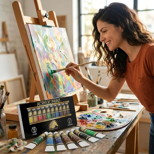 Miniatura 2 de Juego de pintura acrílica. Pinturas artísticas de calidad para pintar lona, madera, arcilla, tela, uñas, cerámica y artesanías. 12 colores vibrantes
