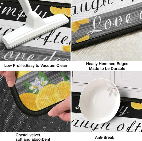 Miniatura 5 de Juego de 2 alfombras de cocina con decoración de limón, alfombrillas lavables y antideslizantes para el fregadero de la cocina, alfombra de área