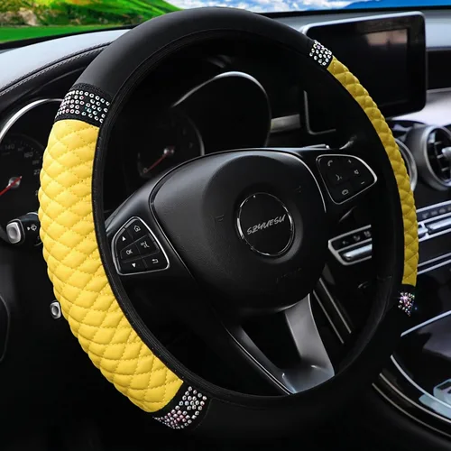 Miniatura 8 de Funda para volante de cuero suave brillante de 15 pulgadas con diamantes de imitación con brillos para mujeres y niñas – Accesorio elástico