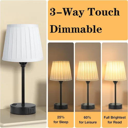 Miniatura 2 de Juego de 2 lámparas de noche blancas para dormitorio, pantalla plisada blanca con puertos de carga USB, lámparas táctiles para mesita de noche