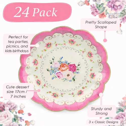 Miniatura 2 de Talking Tables Platos de papel floral vintage de 24 x 7 pulgadas para el día de la madre, fiesta de té, platos desechables florales festoneados